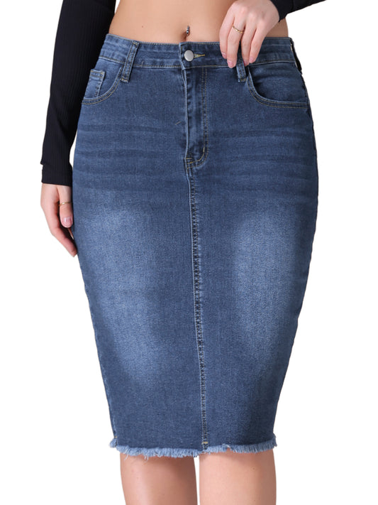 Women's Denim Skirt Raw Hem High Waisted Pockets Stretch Knee Length Jean Skirt