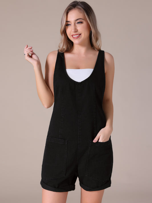 Women's Denim Romper Sleeveless Casual Loose Jean Overall Shorts with Pockets