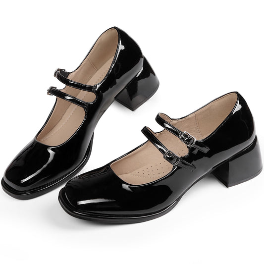Women's Square Toe Double Strap Mary Janes Heels Block Pumps Shoes