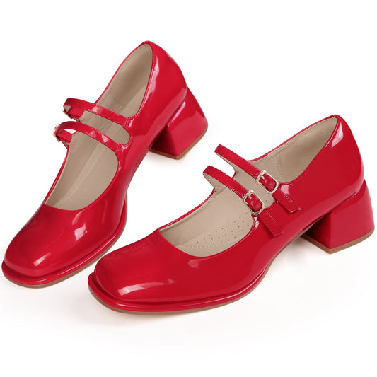 Women's Square Toe Double Strap Mary Janes Heels Block Pumps Shoes