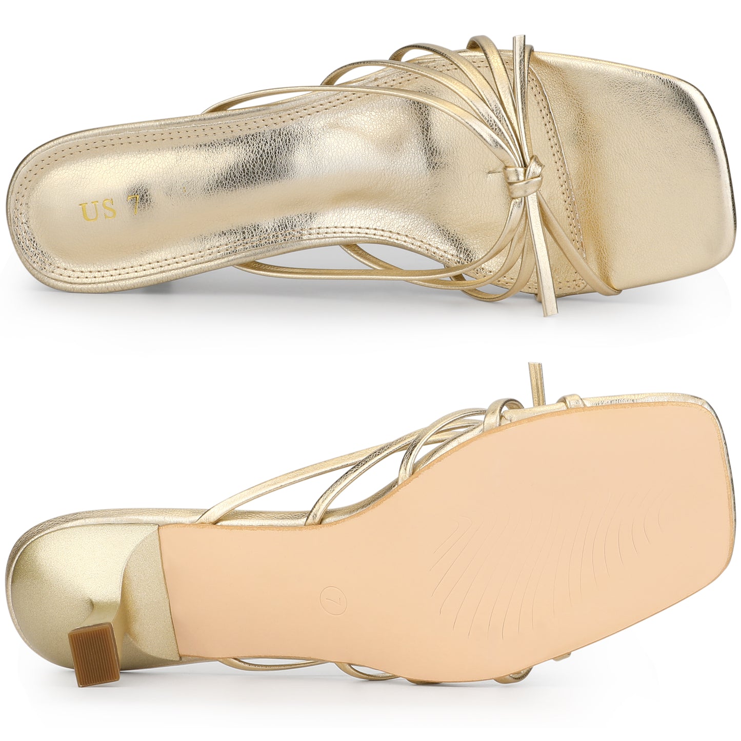 Women's Square Toe Strappy Slip On Kitten Heel Sandals