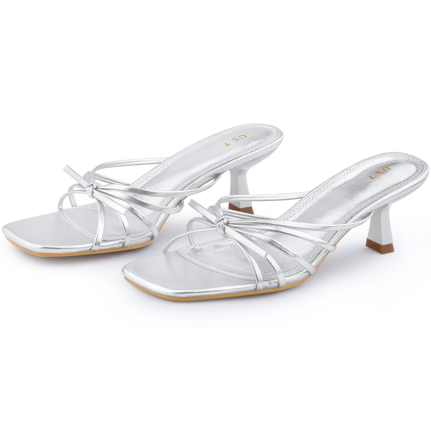 Women's Square Toe Strappy Slip On Kitten Heel Sandals
