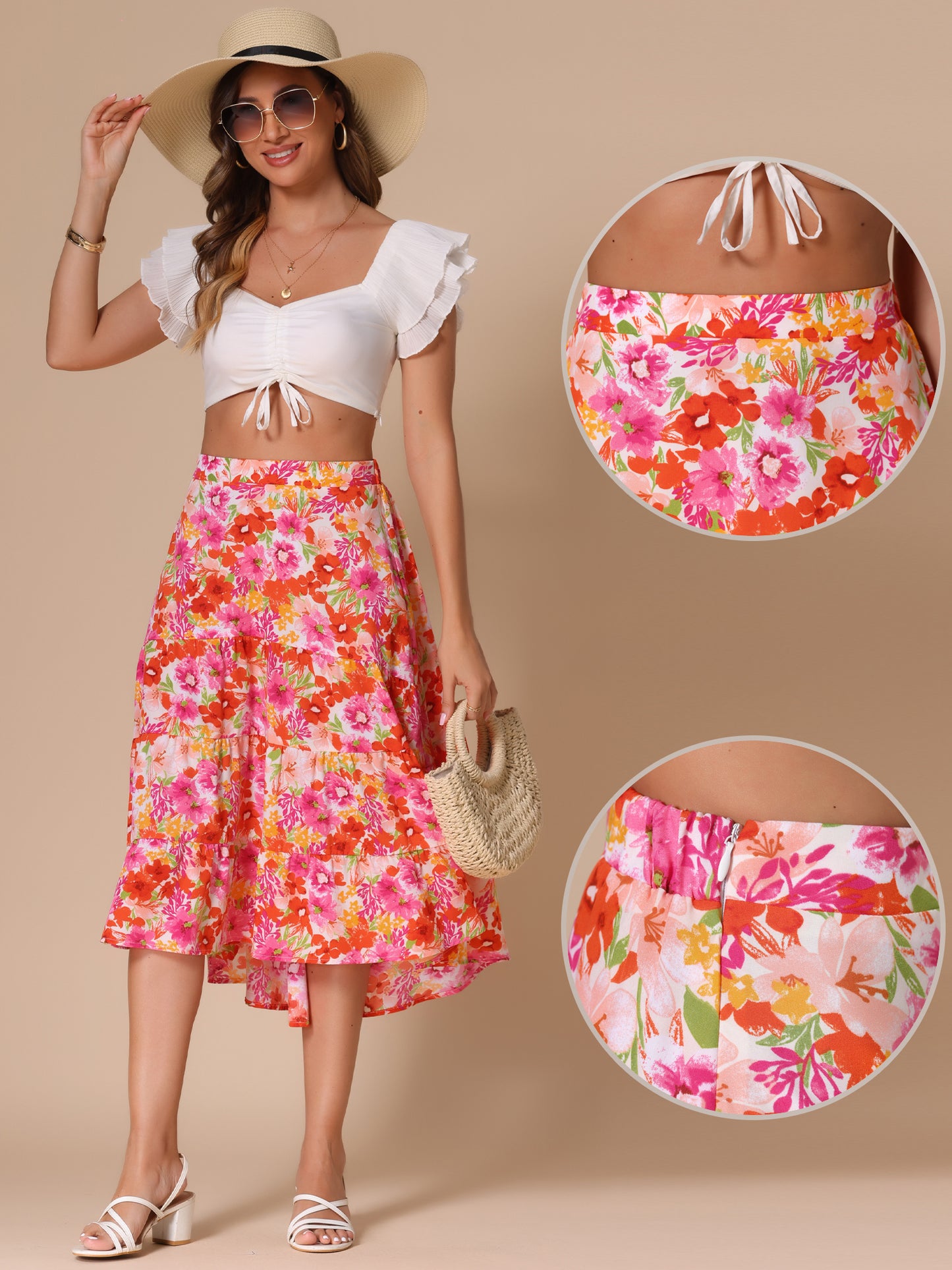 Women's High Low Hem Elastic High Waist Boho Floral Midi Skirt