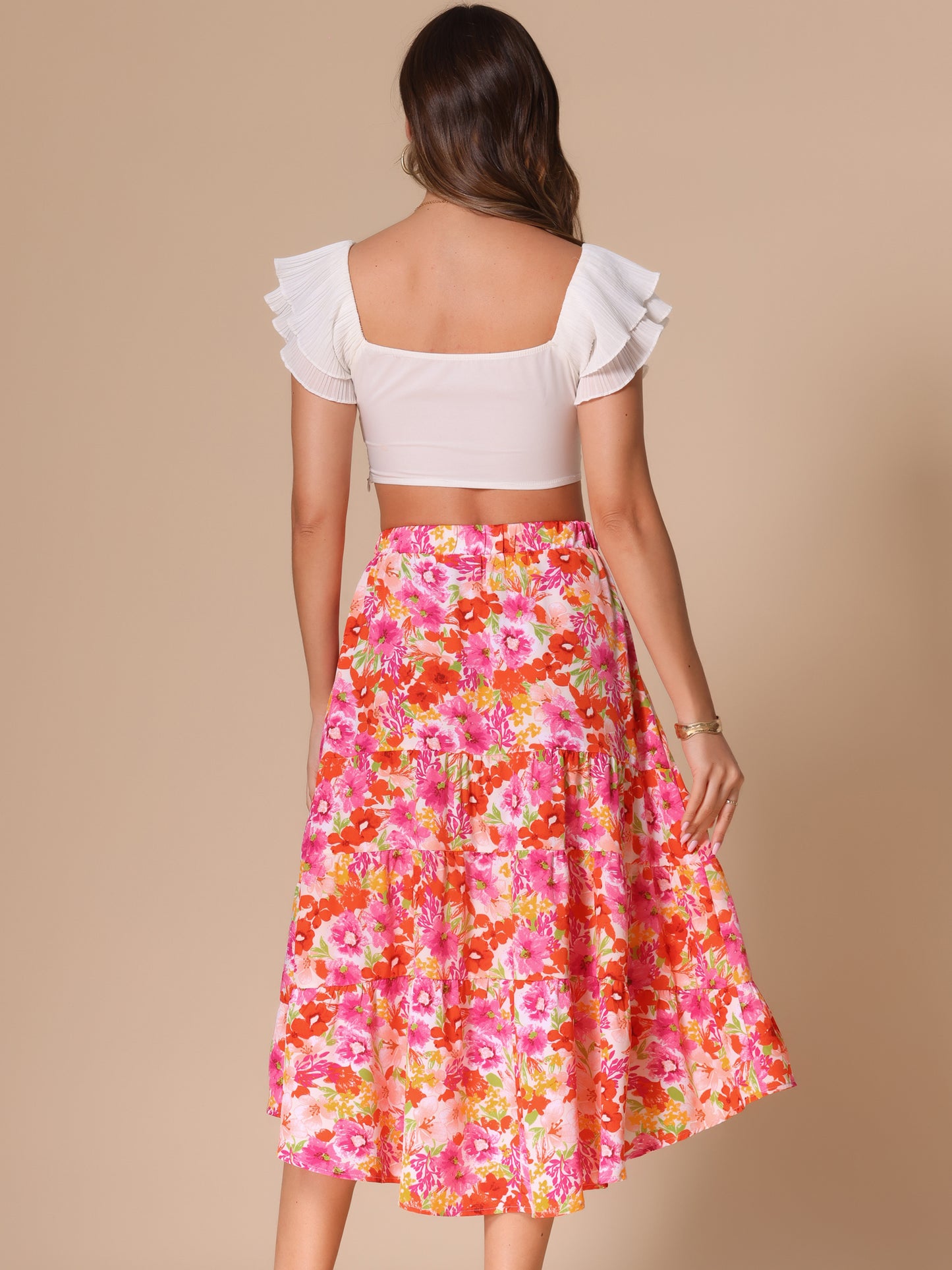 Women's High Low Hem Elastic High Waist Boho Floral Midi Skirt