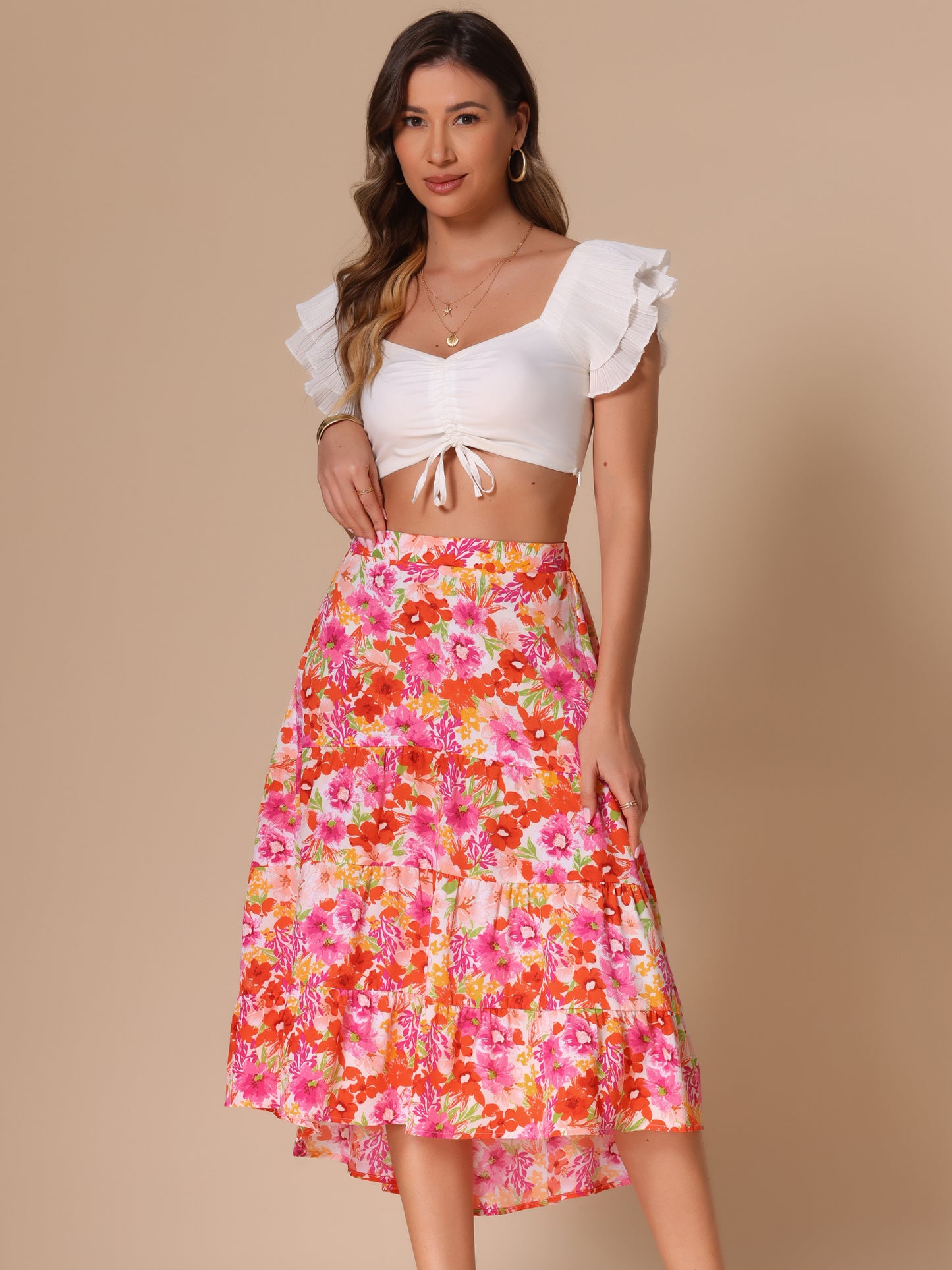 Women's High Low Hem Elastic High Waist Boho Floral Midi Skirt