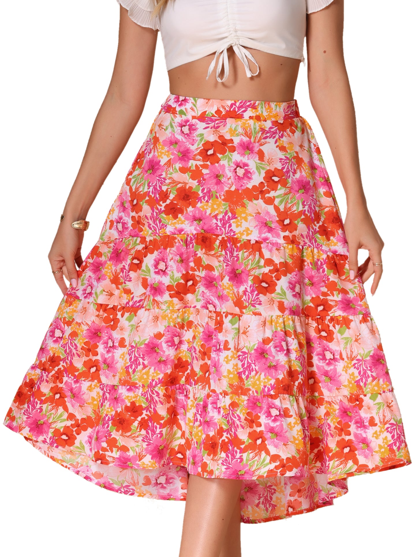 Women's High Low Hem Elastic High Waist Boho Floral Midi Skirt
