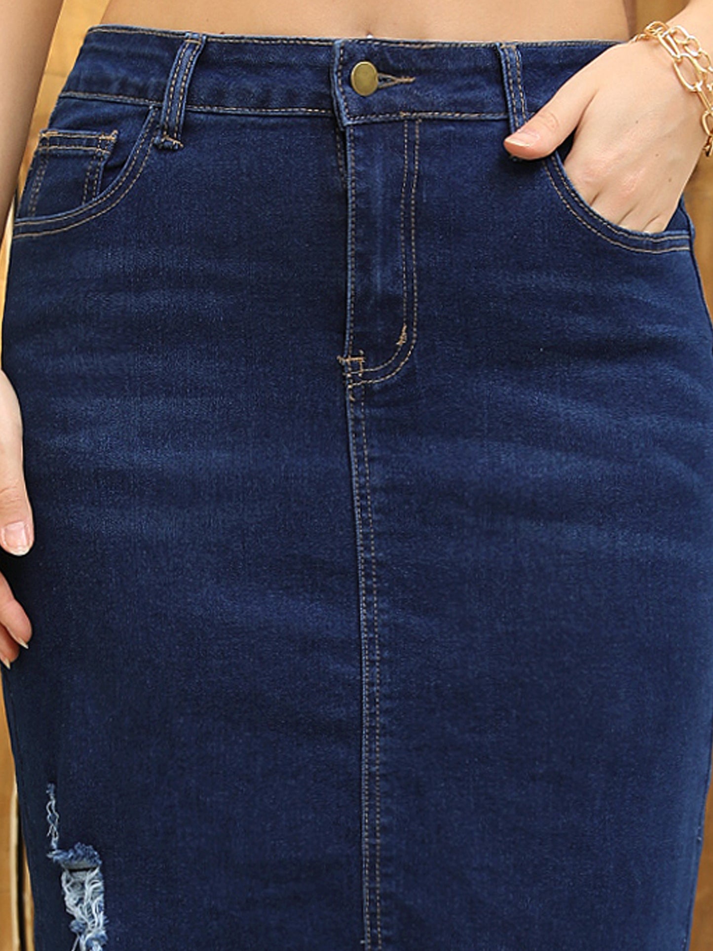 Women's Ripped Raw Hem High Waisted Stretch Midi Denim Skirt