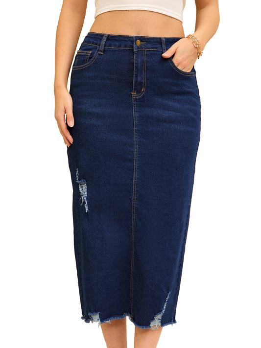 Women's Ripped Raw Hem High Waisted Stretch Midi Denim Skirt