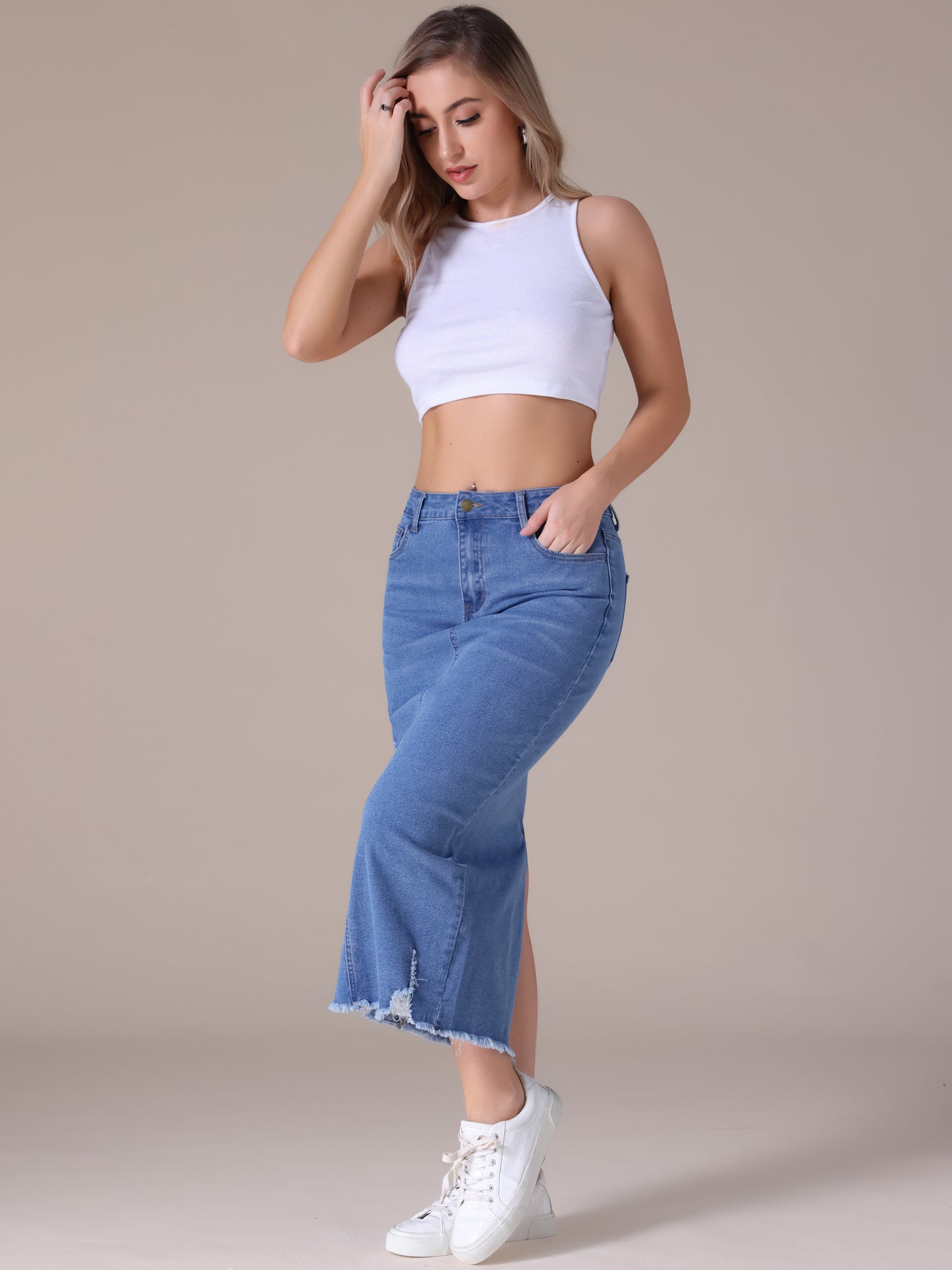 Women's Ripped Raw Hem High Waisted Stretch Midi Denim Skirt