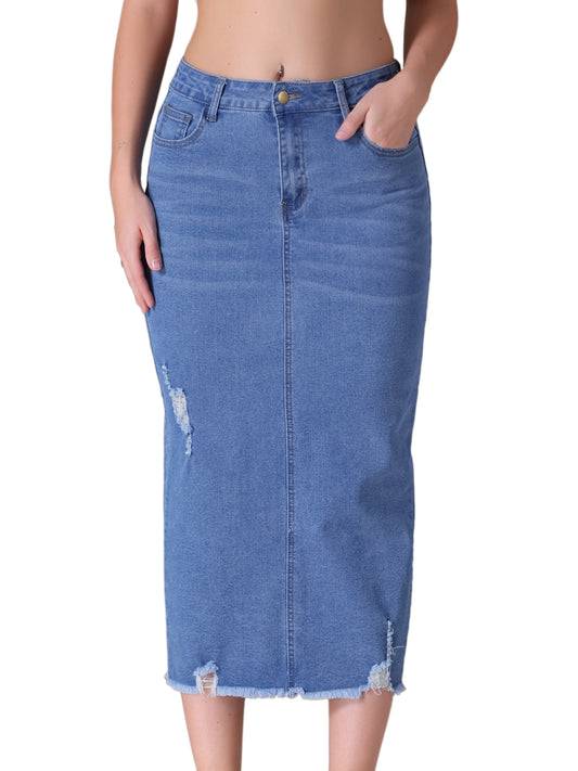 Women's Ripped Raw Hem High Waisted Stretch Midi Denim Skirt