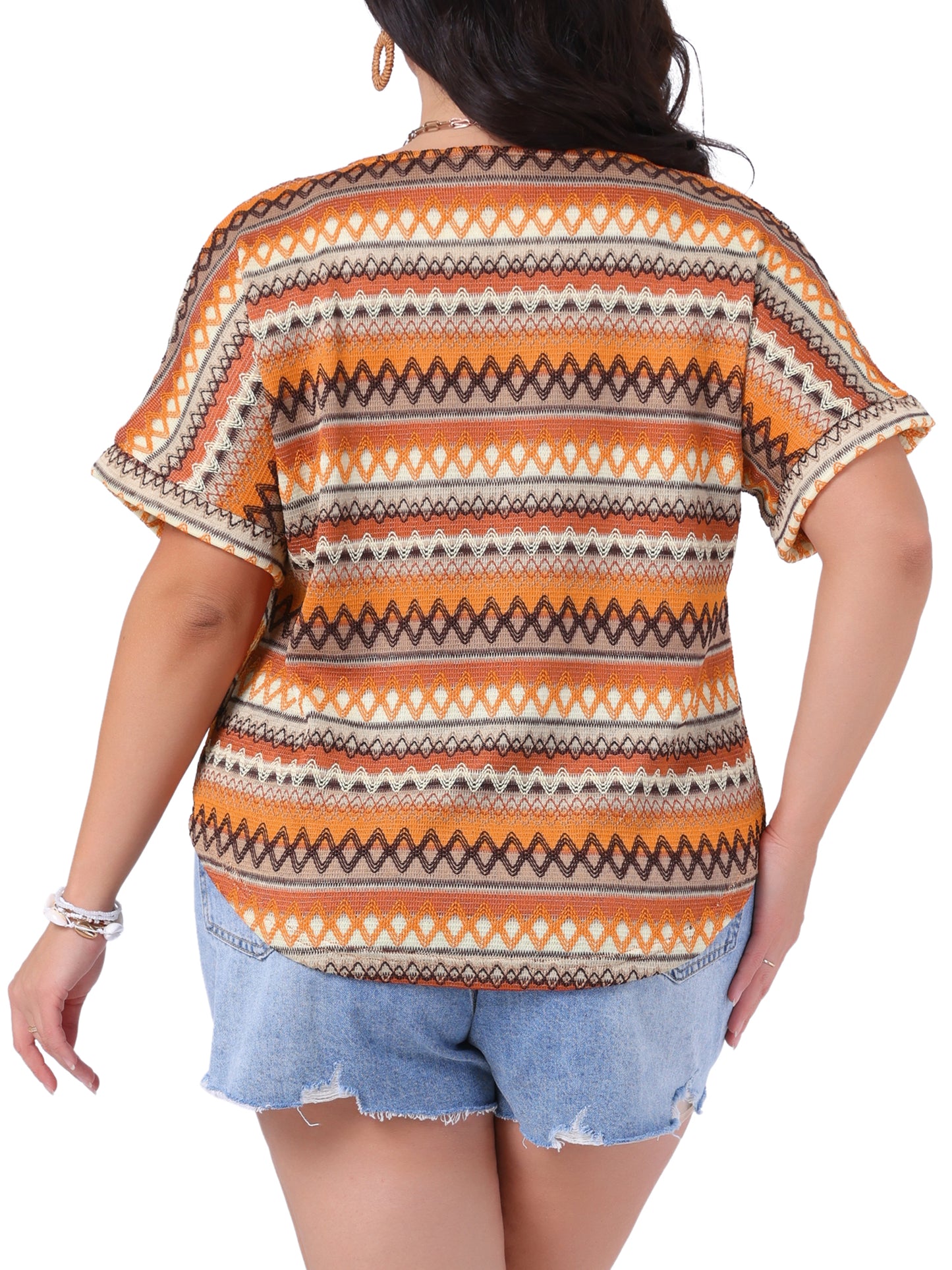 Women Plus Size Top V Neck Batwing Sleeve Summer Geometric Print Boho Blouse Tee