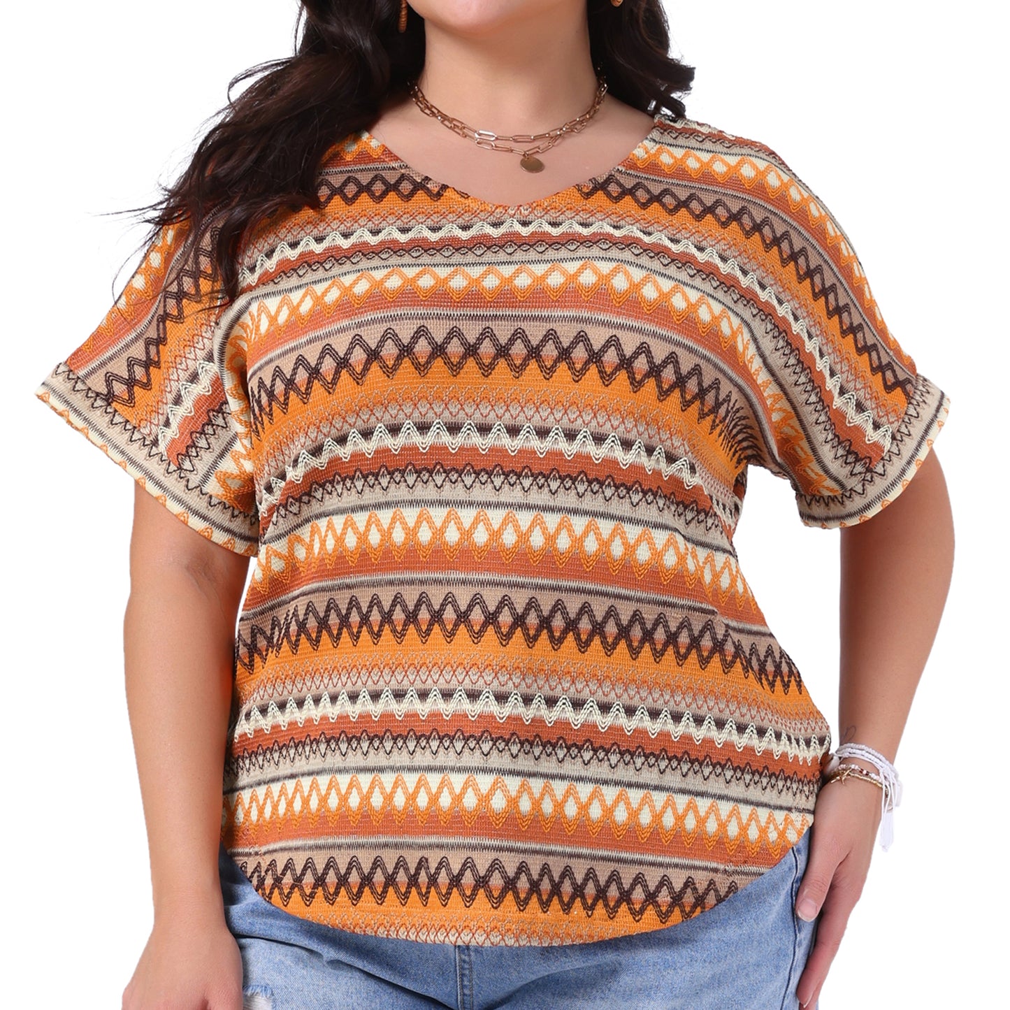 Women Plus Size Top V Neck Batwing Sleeve Summer Geometric Print Boho Blouse Tee