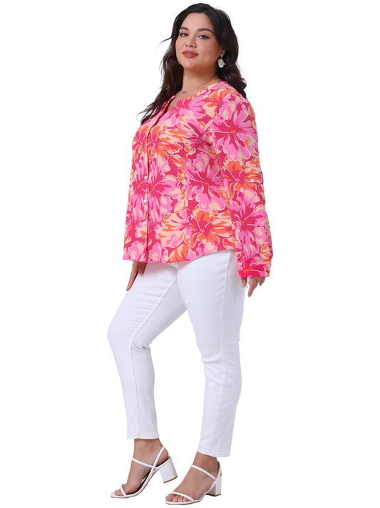 Women Plus Size Boho Floral Tops Long Sleeve Notched V Neck Button Down Shirt