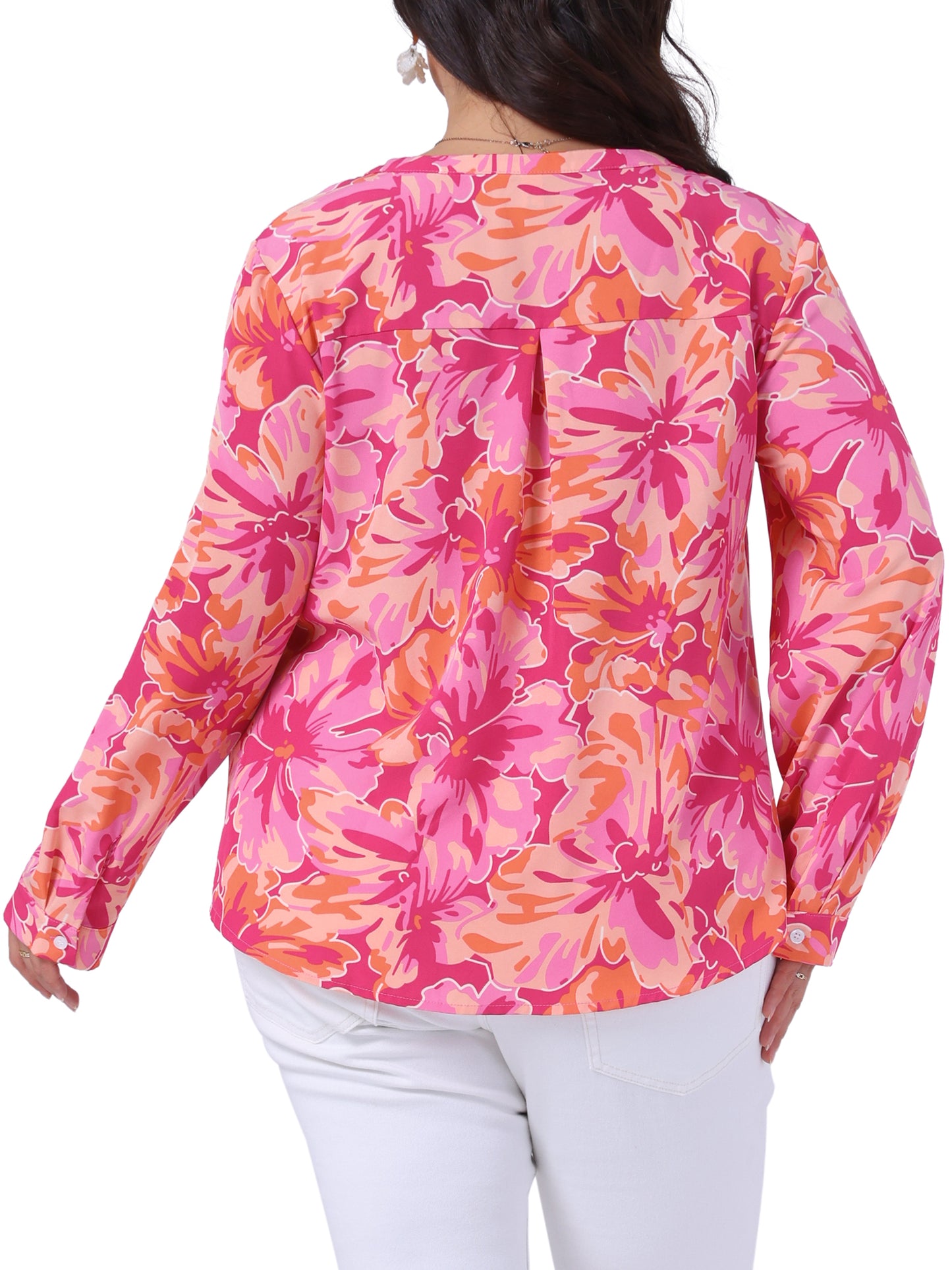 Women Plus Size Boho Floral Tops Long Sleeve Notched V Neck Button Down Shirt