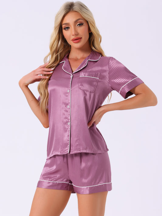 Women's Satin Pajamas Sleepshirt Button Down Top with Shorts Silky Lounge Set