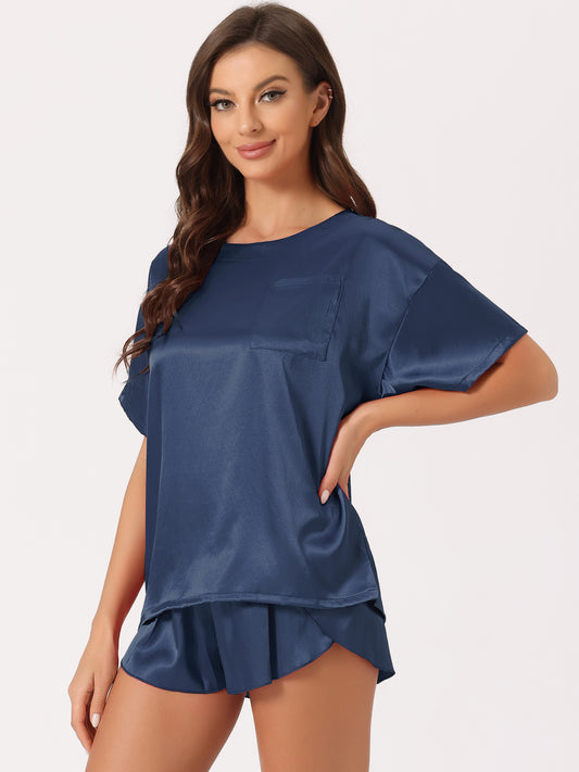 Pijama de satén para mujer, conjunto de camiseta de manga corta con pantalones cortos para primavera y verano