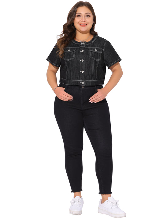Chaleco vaquero de talla grande para mujer, chaqueta vaquera corta con cuello redondo y botones, de manga corta