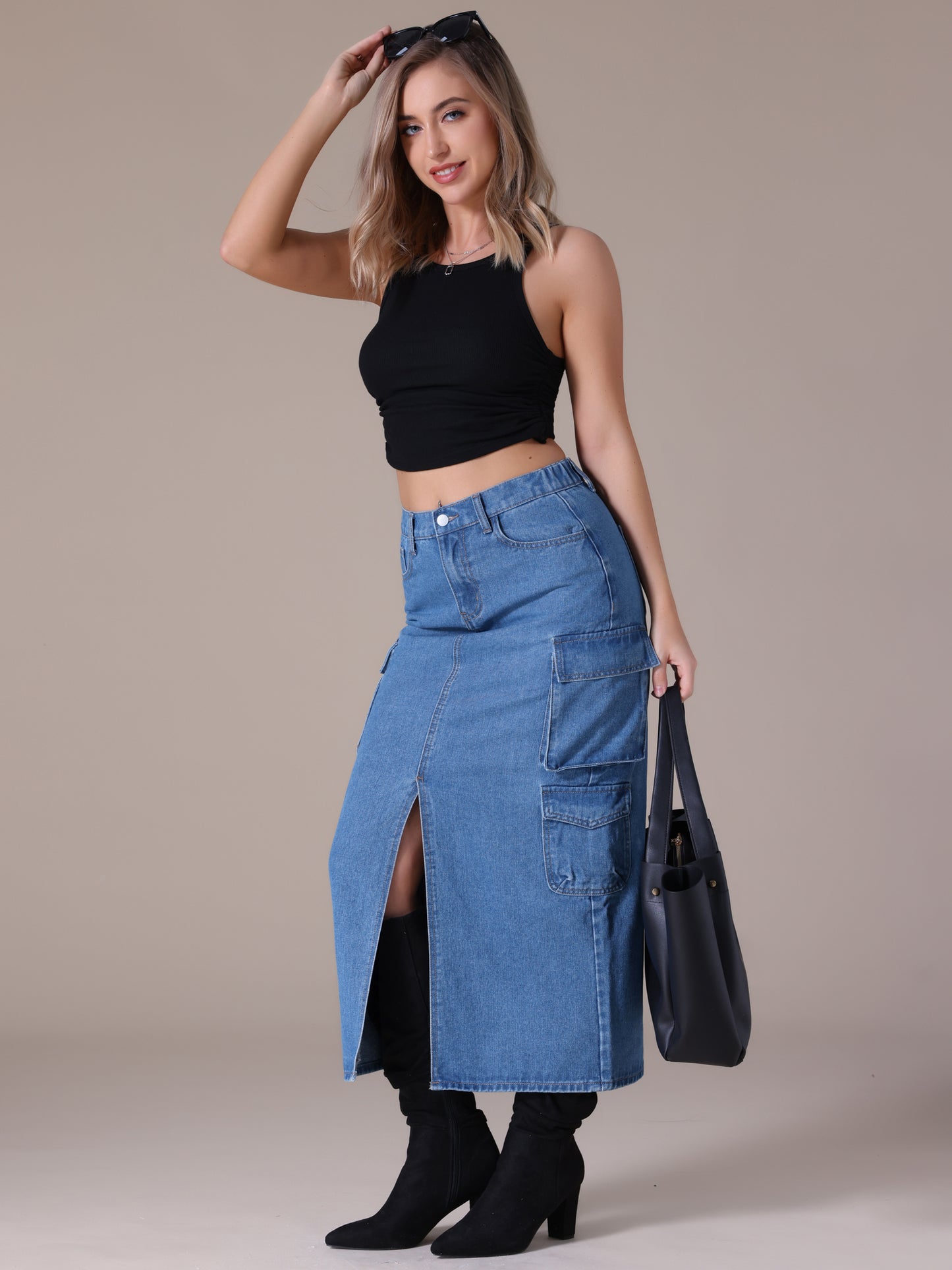 Women's Front Split Button Front Elastic Waist Streetwear Flap Pockets Cargo Maxi Denim Skirt