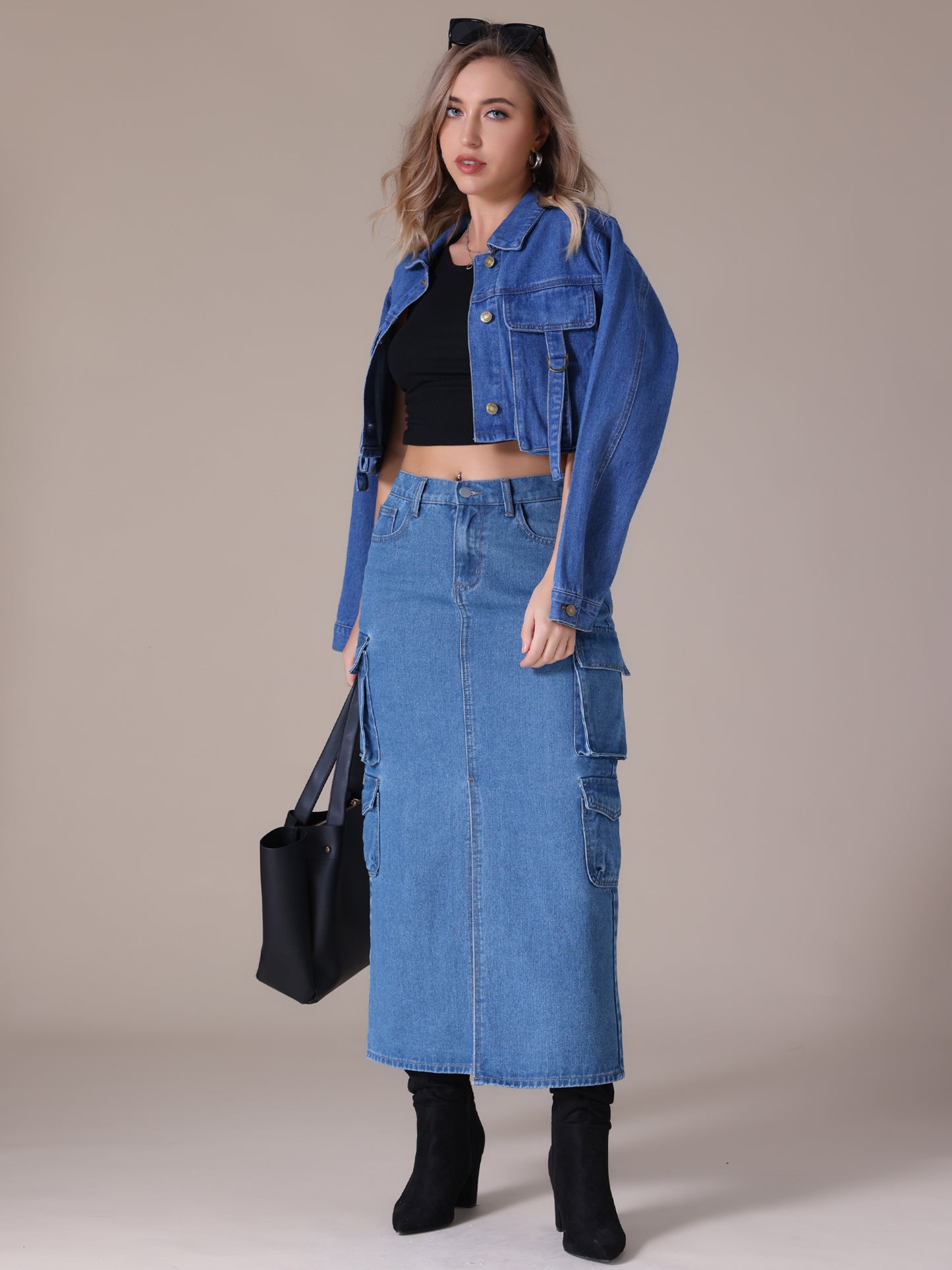 Women's Front Split Button Front Elastic Waist Streetwear Flap Pockets Cargo Maxi Denim Skirt