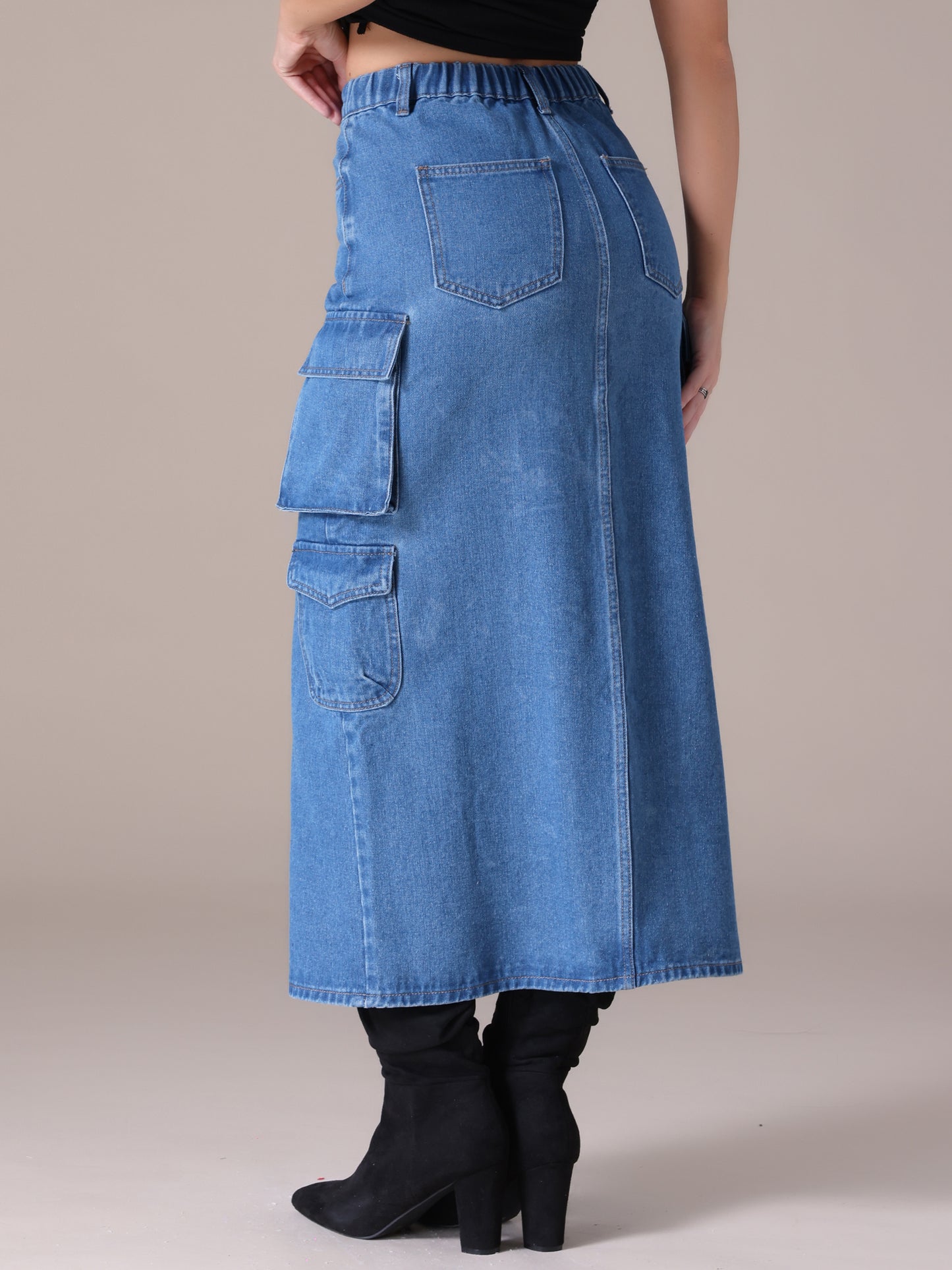 Women's Front Split Button Front Elastic Waist Streetwear Flap Pockets Cargo Maxi Denim Skirt