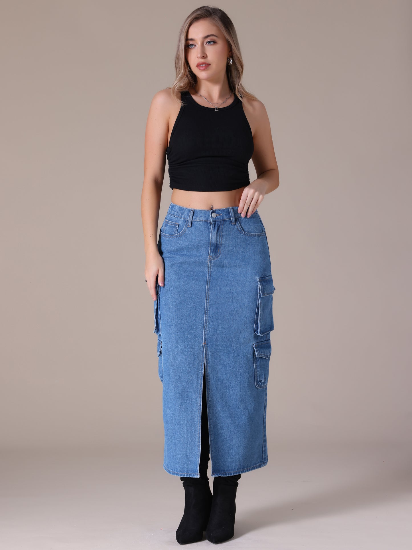 Women's Front Split Button Front Elastic Waist Streetwear Flap Pockets Cargo Maxi Denim Skirt