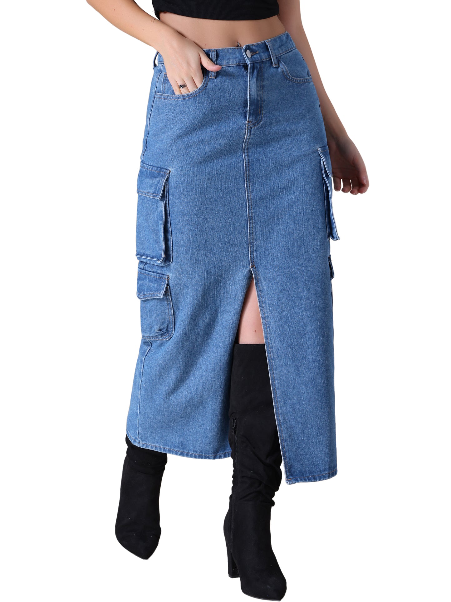 Women's Front Split Button Front Elastic Waist Streetwear Flap Pockets Cargo Maxi Denim Skirt