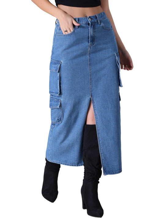 Women's Front Split Button Front Elastic Waist Streetwear Flap Pockets Cargo Maxi Denim Skirt