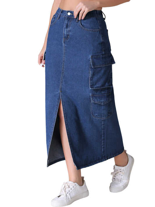 Women's Front Split Button Front Elastic Waist Streetwear Flap Pockets Cargo Maxi Denim Skirt