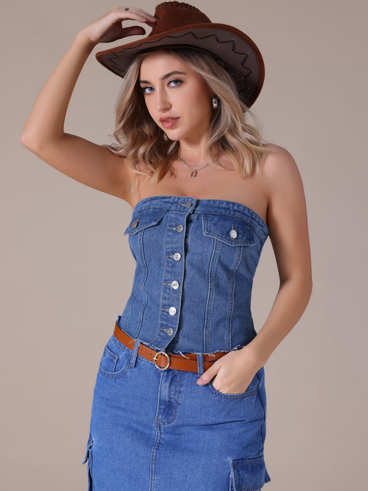Women's Denim Tube Tops Button Front Raw Hem Smocked Back Crop Strapless Bandeau Top