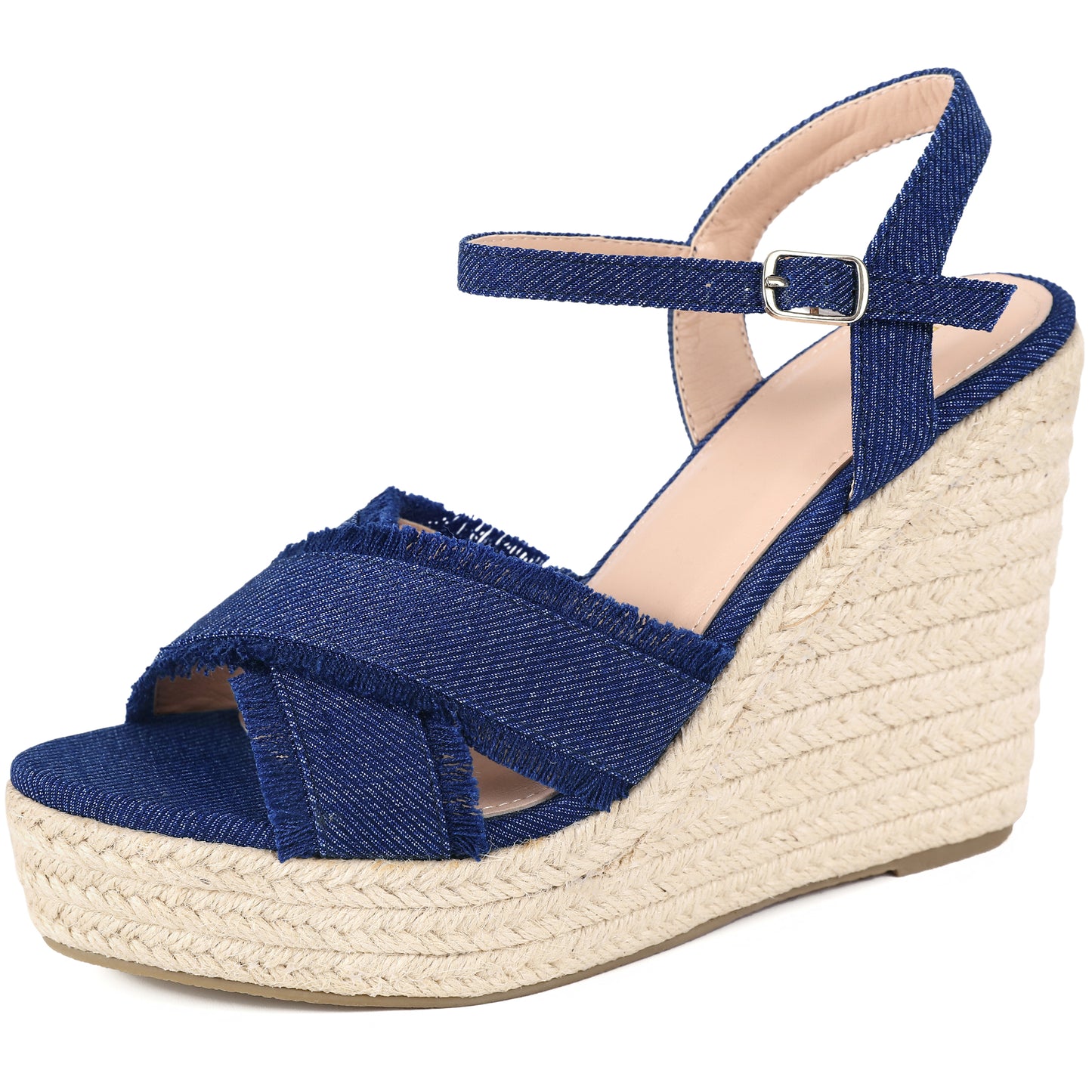 Sandalias de plataforma vaquera con tacón de cuña y tira trasera para mujer
