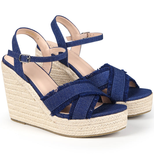 Sandalias de plataforma vaquera con tacón de cuña y tira trasera para mujer