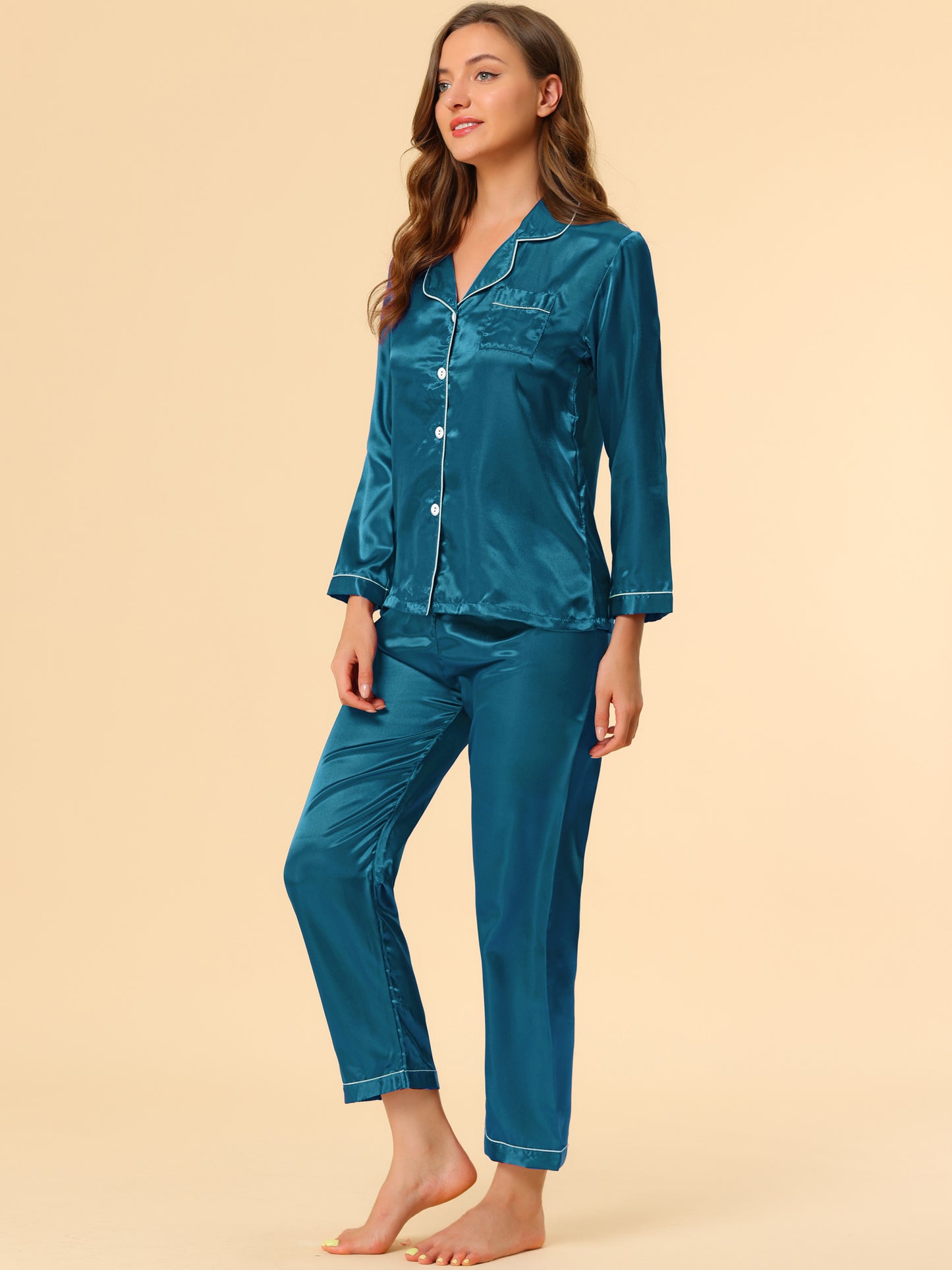 Women's Pajama Sets Sleepwear Button Down Satin Night Suit Lounge Sets