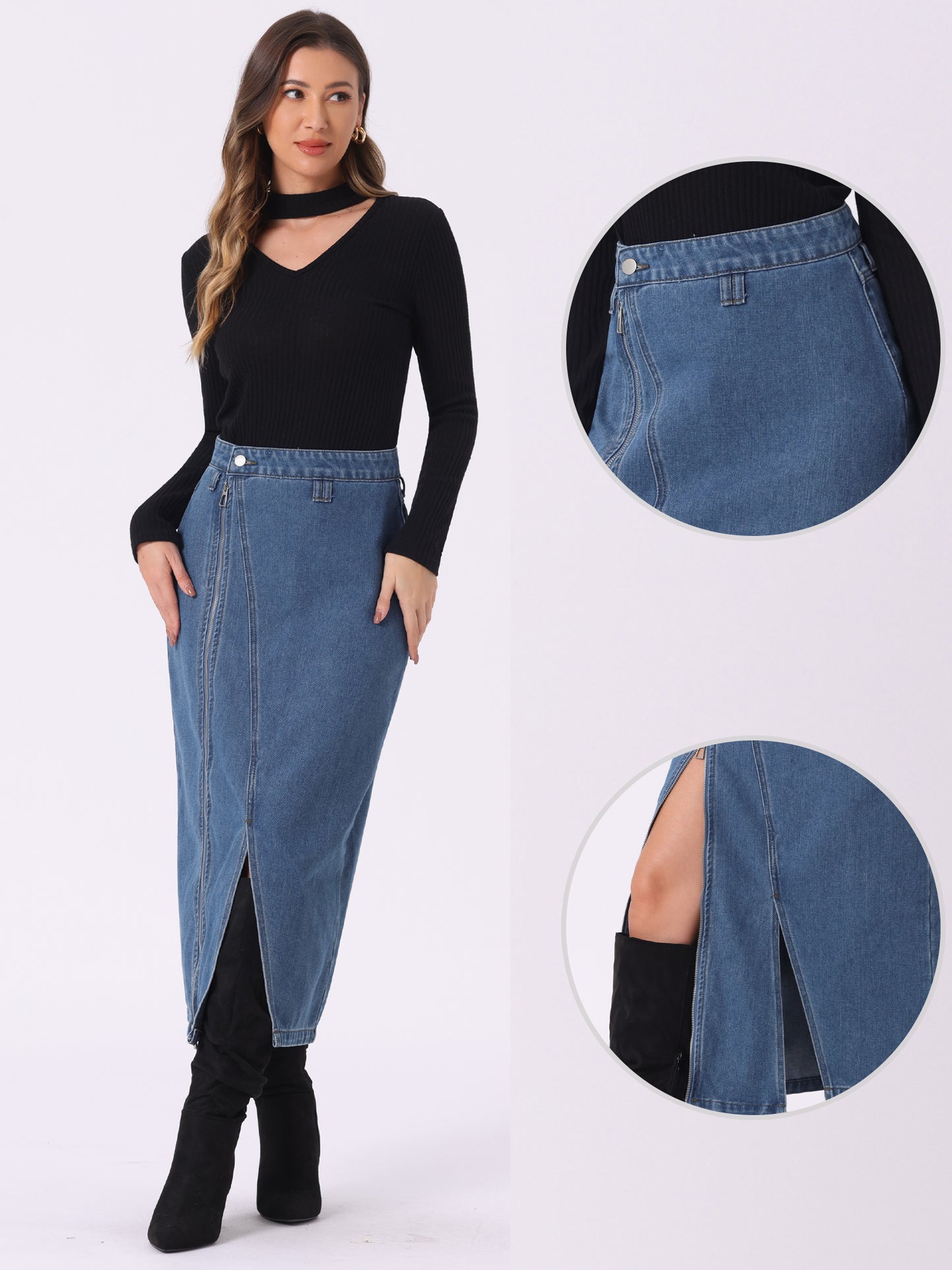 Women's Denim Zipper Front Split Long Skirts with Pockets