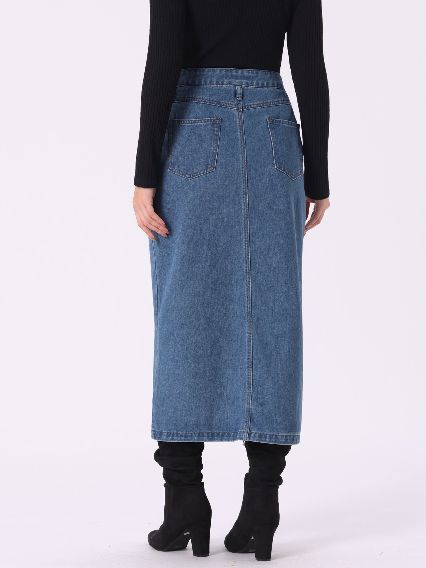 Women's Denim Zipper Front Split Long Skirts with Pockets