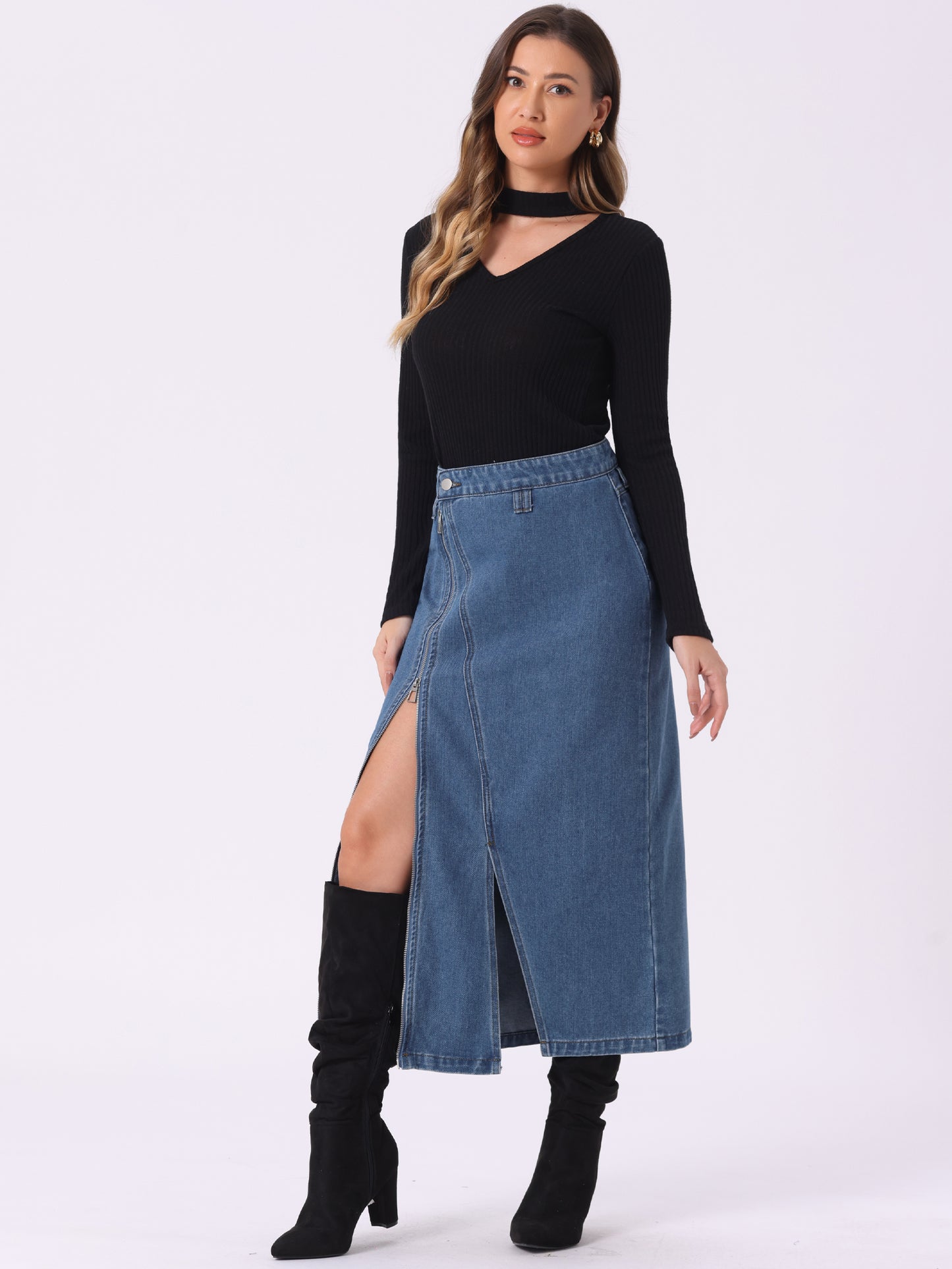 Women's Denim Zipper Front Split Long Skirts with Pockets