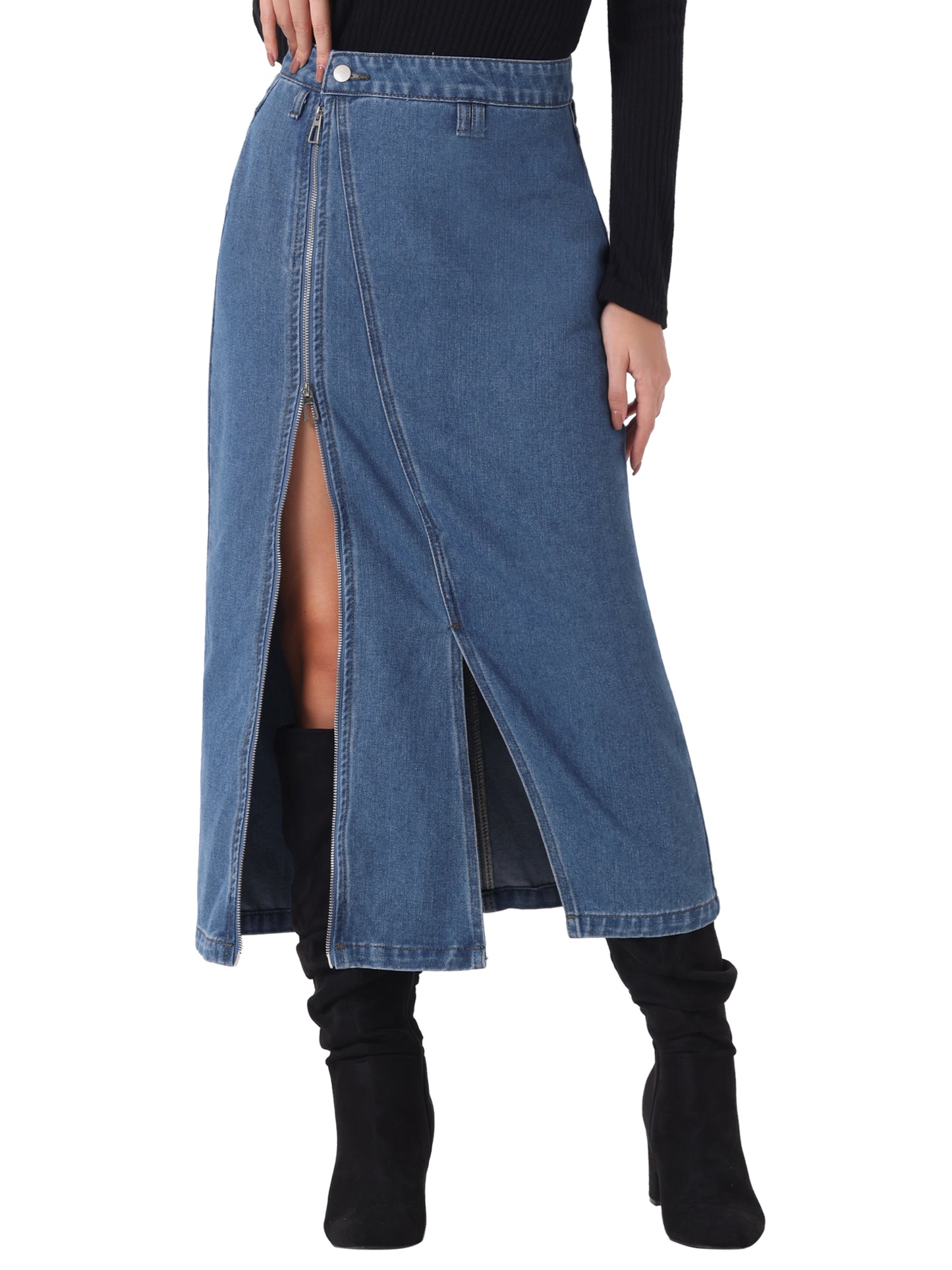 Women's Denim Zipper Front Split Long Skirts with Pockets