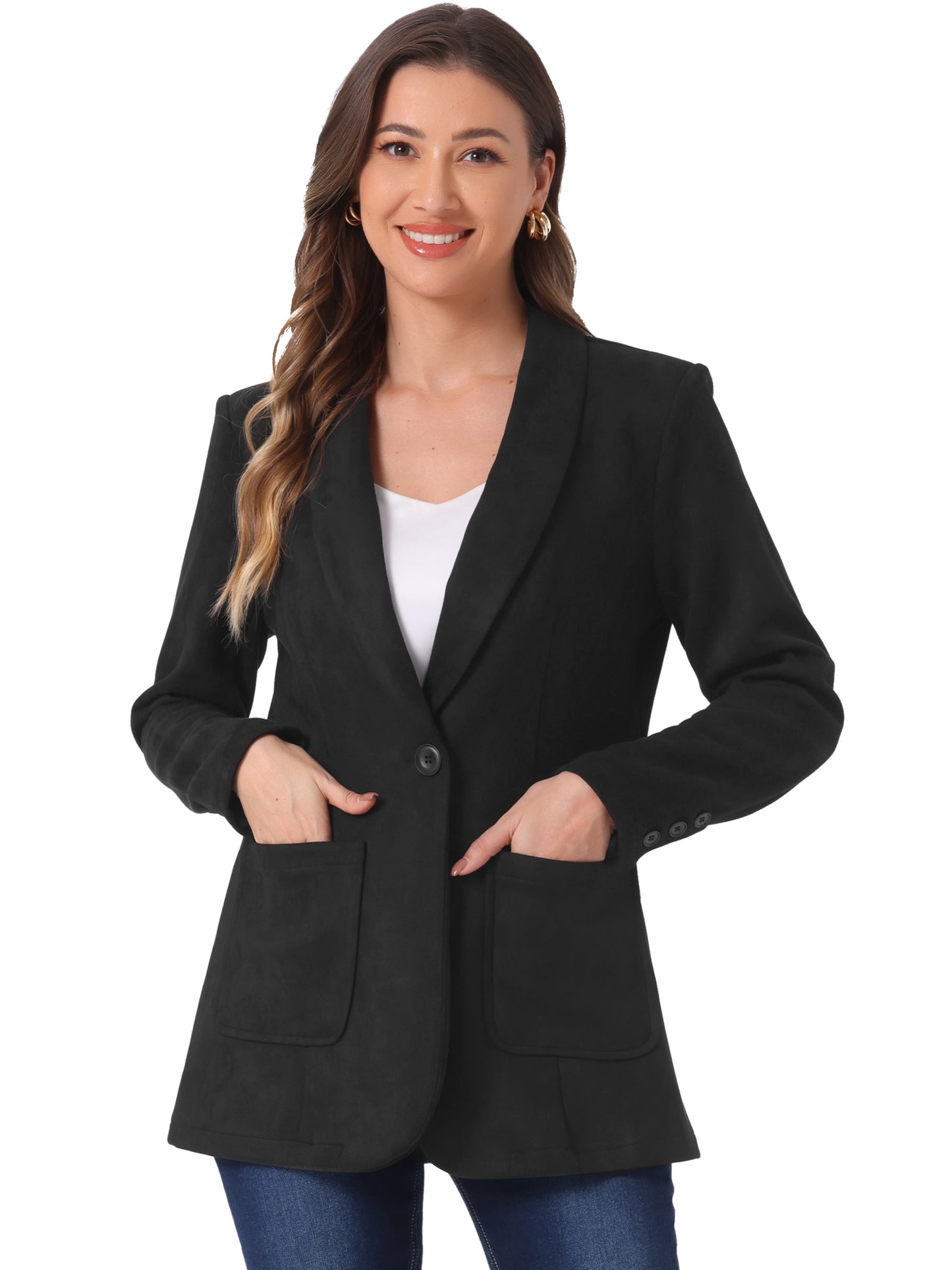 Women's Faux Suede Blazer Lapel Collar One Button Dressy Suit Jacket