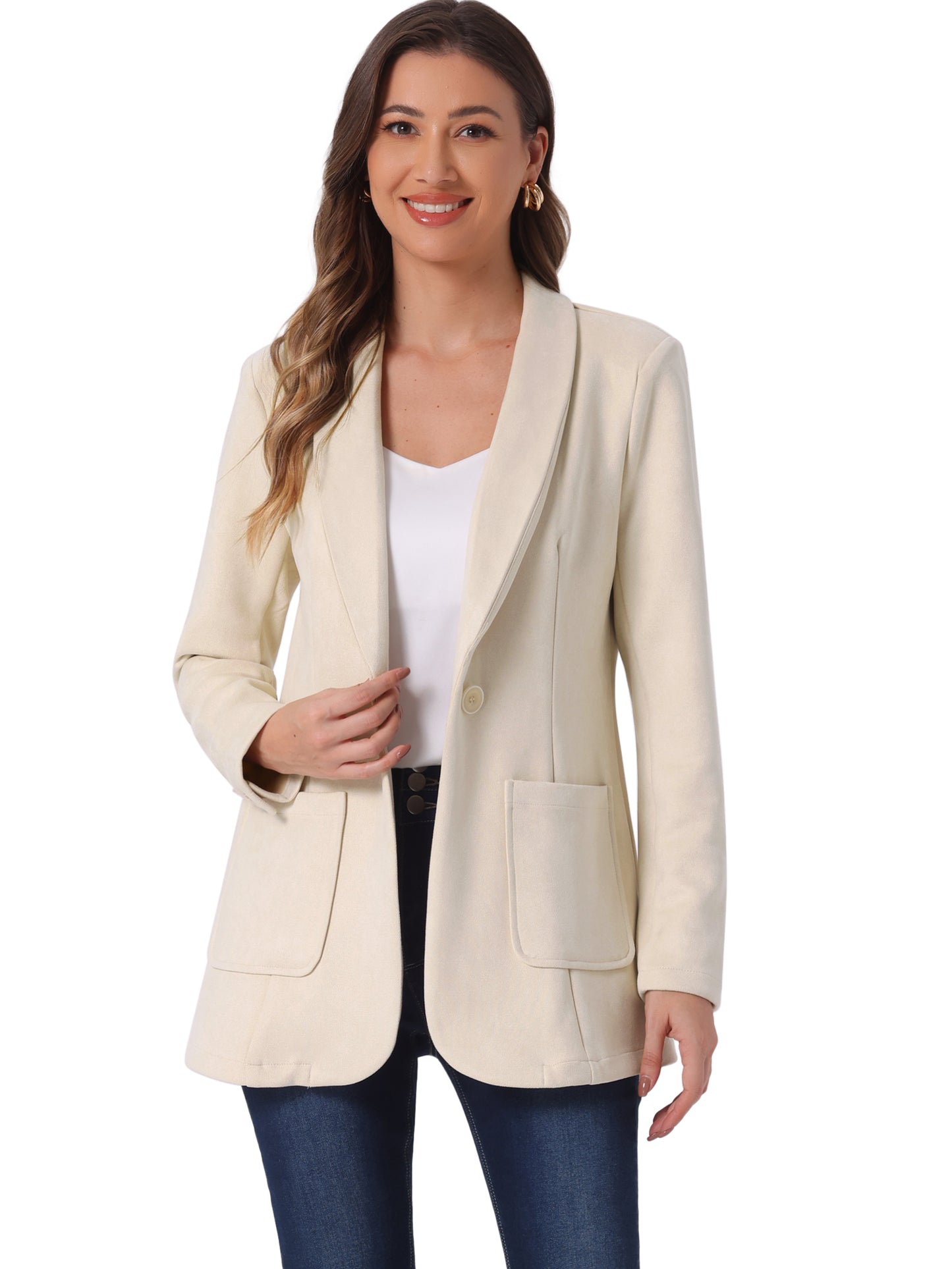 Women's Faux Suede Blazer Lapel Collar One Button Dressy Suit Jacket