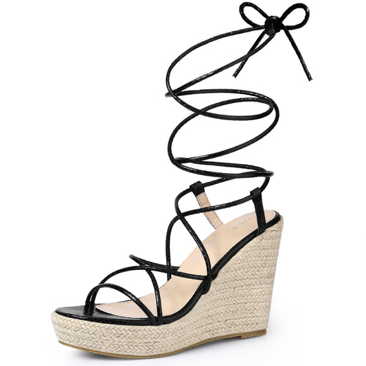 Women Strappy Espadrilles Wedges Platform Lace Up Snake Print Sandals