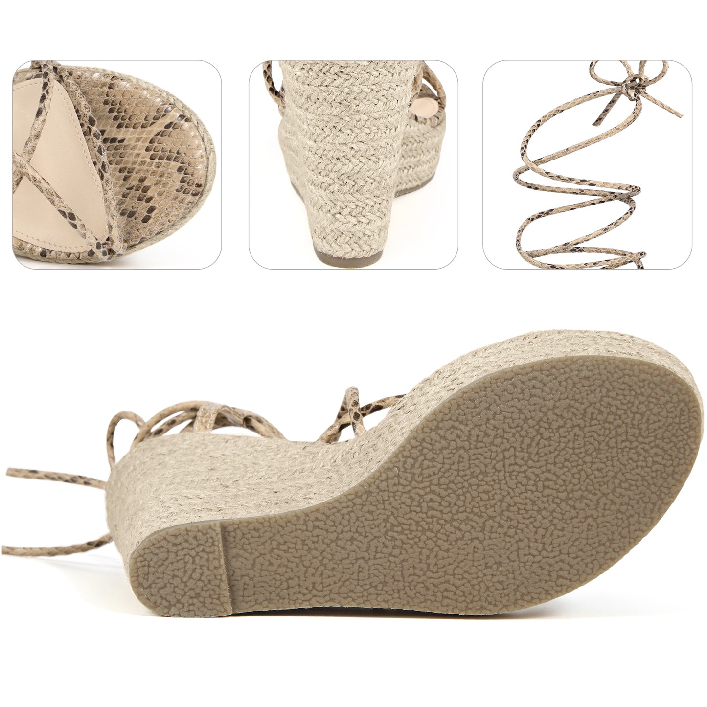 Women Strappy Espadrilles Wedges Platform Lace Up Snake Print Sandals