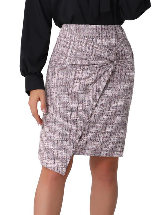 Women Elastic High Waist Wrap Front Tweed Bodycon Pencil Skirt