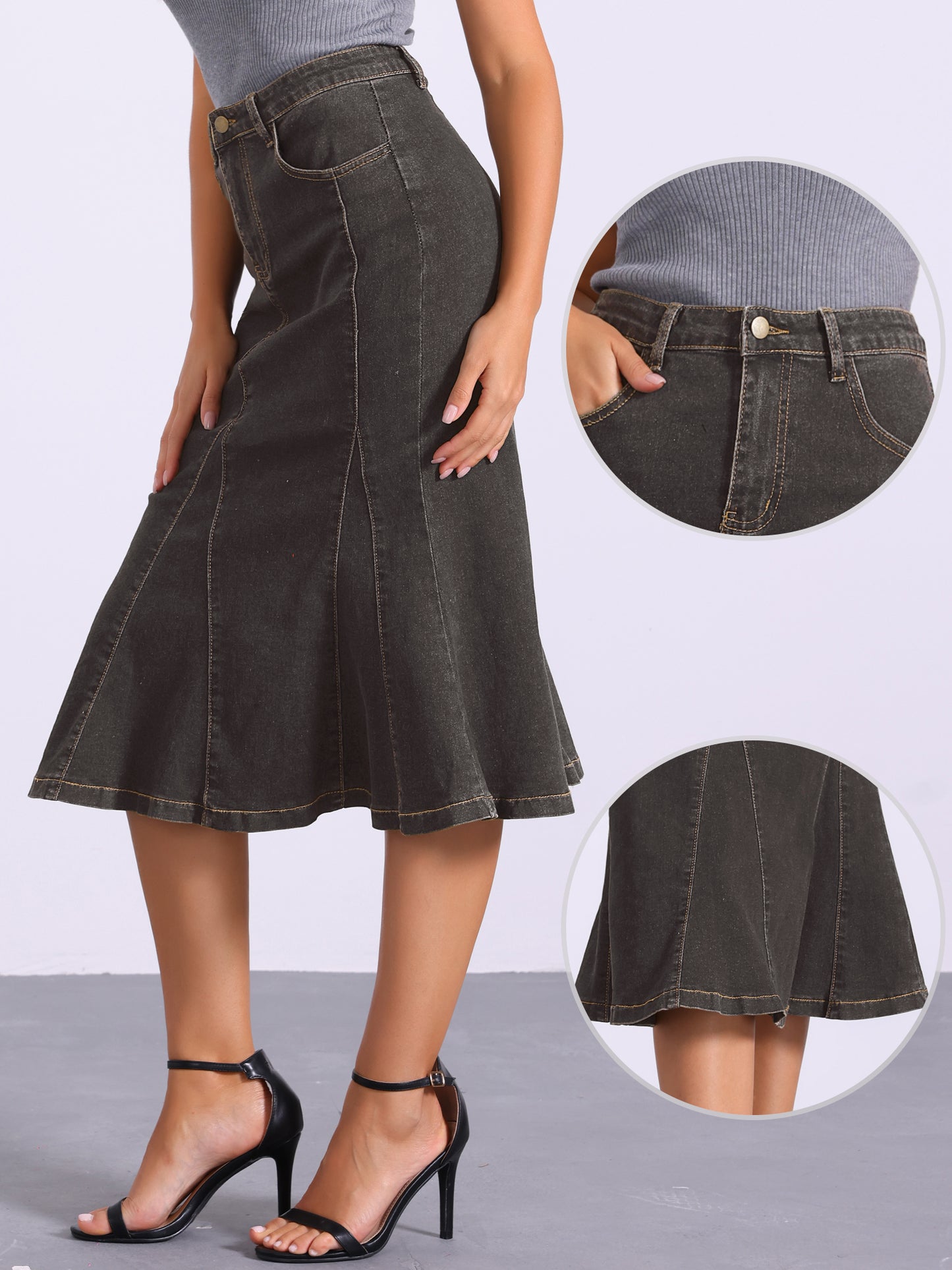 Women's Casual Denim Skirt High Waisted A-Line Flared Midi Skirts
