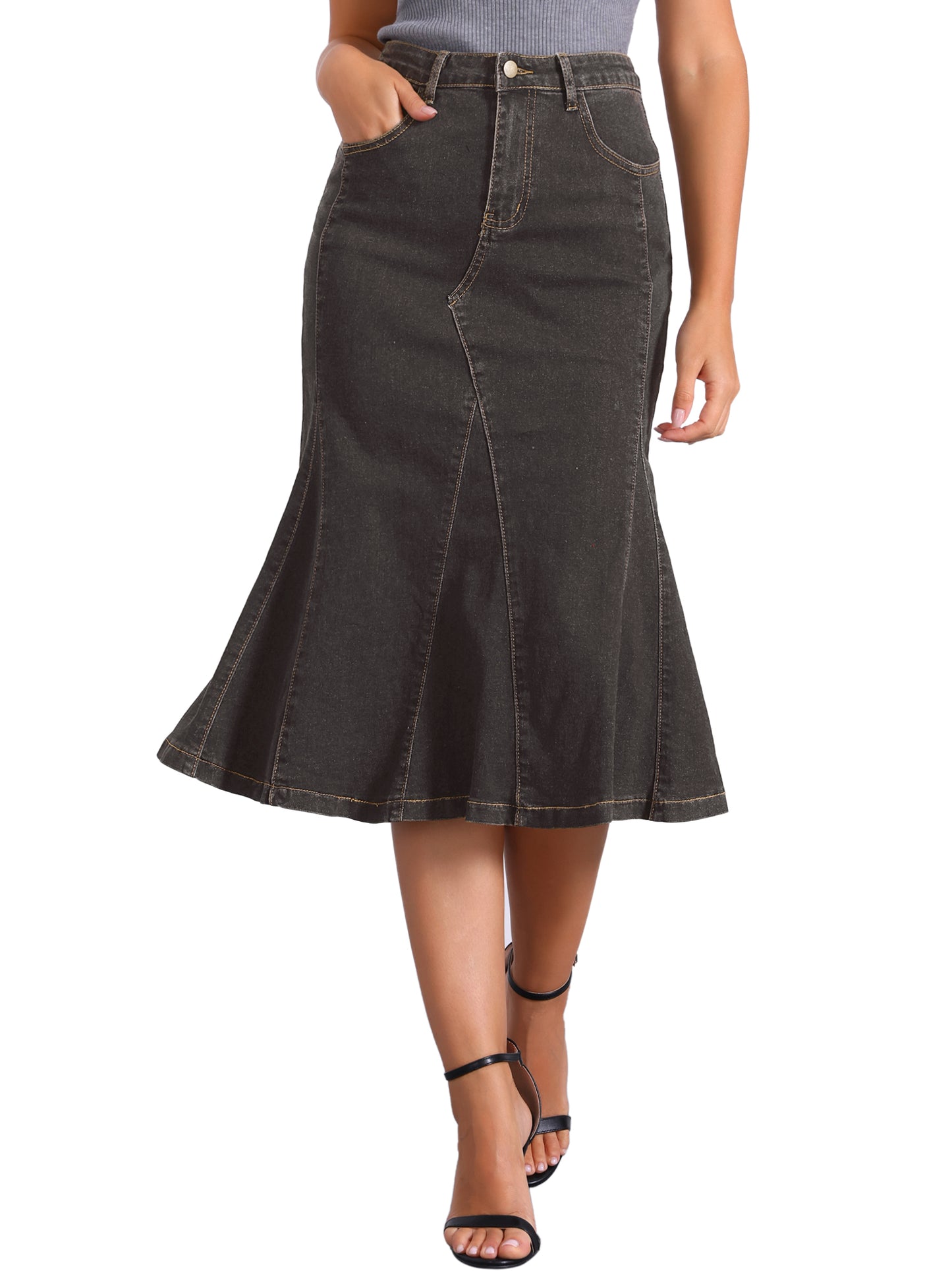 Women's Casual Denim Skirt High Waisted A-Line Flared Midi Skirts