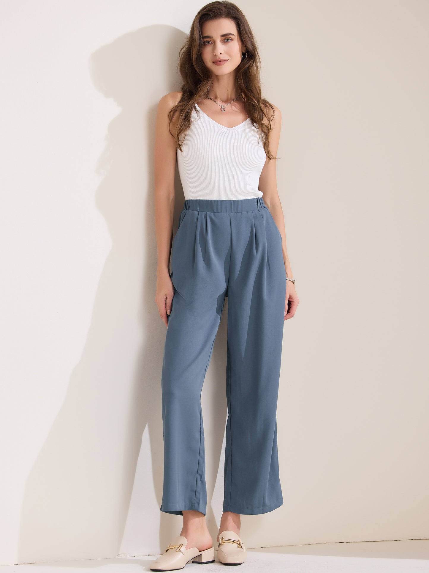 Women's Straight Work Pant Elastic High Waist Business Casual Solid Ankle Pant Trousers