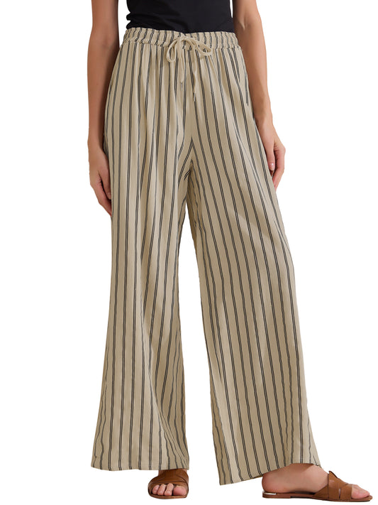 Pantalones casuales de rayas con cordón para mujer, pantalones holgados de algodón de cintura alta y pierna ancha