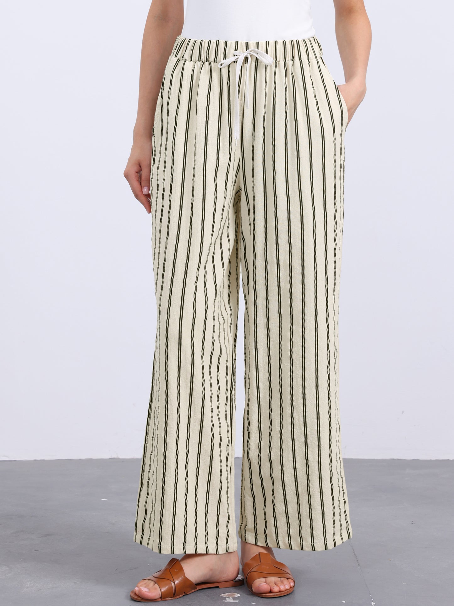 Women's Casual Drawstring Stripe Wide Leg High Waist Cotton Loose Pants