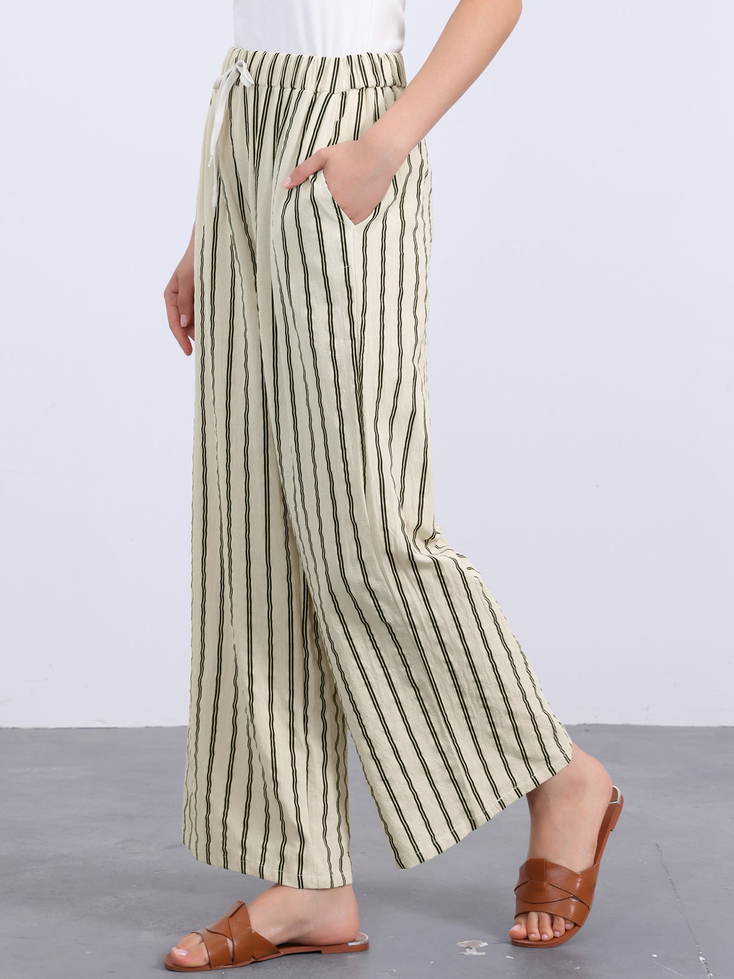 Women's Casual Drawstring Stripe Wide Leg High Waist Cotton Loose Pants