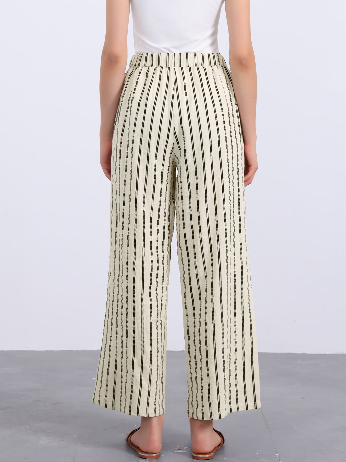 Women's Casual Drawstring Stripe Wide Leg High Waist Cotton Loose Pants