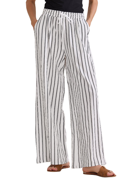 Pantalones casuales de rayas con cordón para mujer, pantalones holgados de algodón de cintura alta y pierna ancha