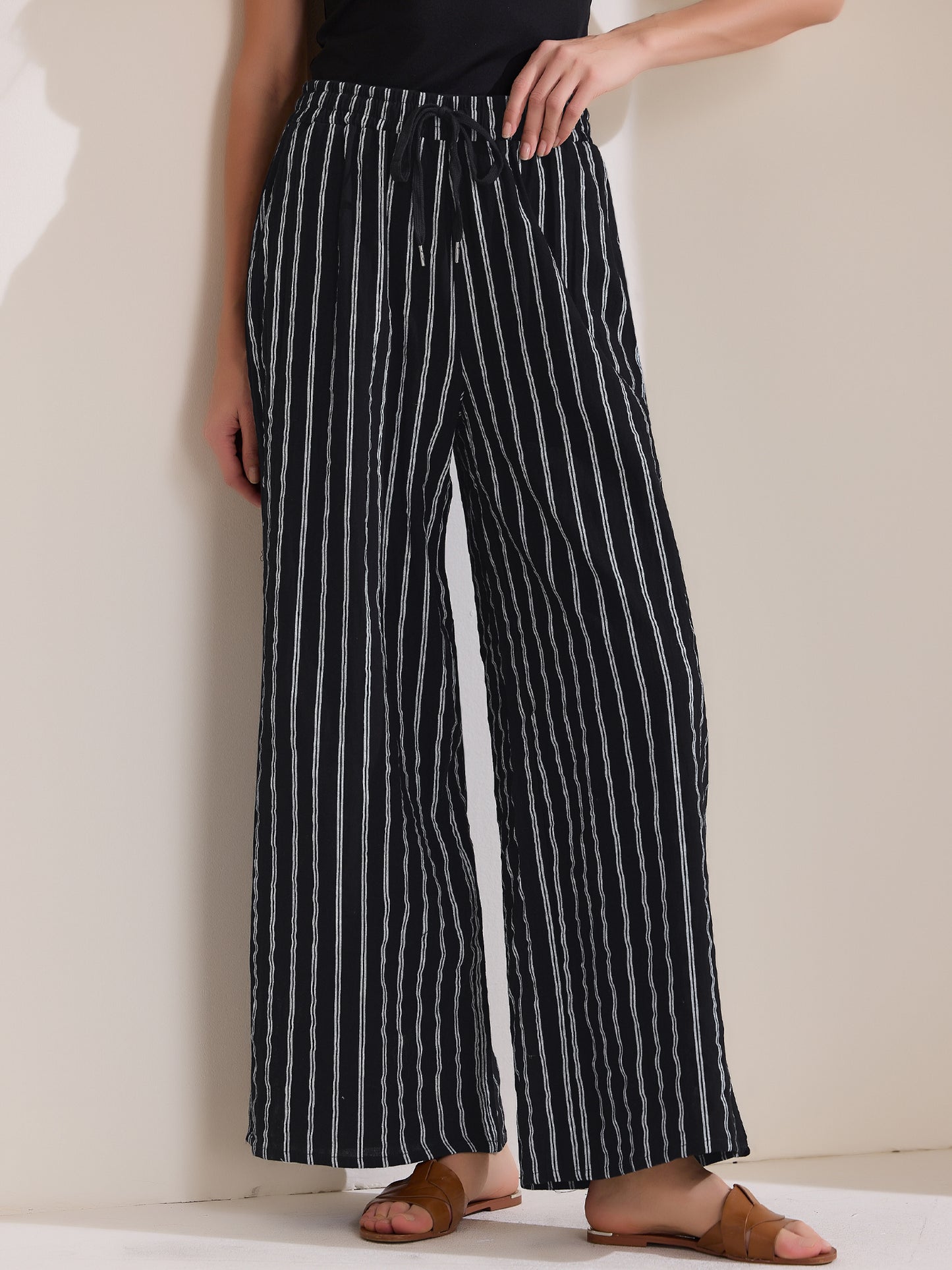 Women's Casual Drawstring Stripe Pants Wide Leg High Waist Cotton Loose Pants